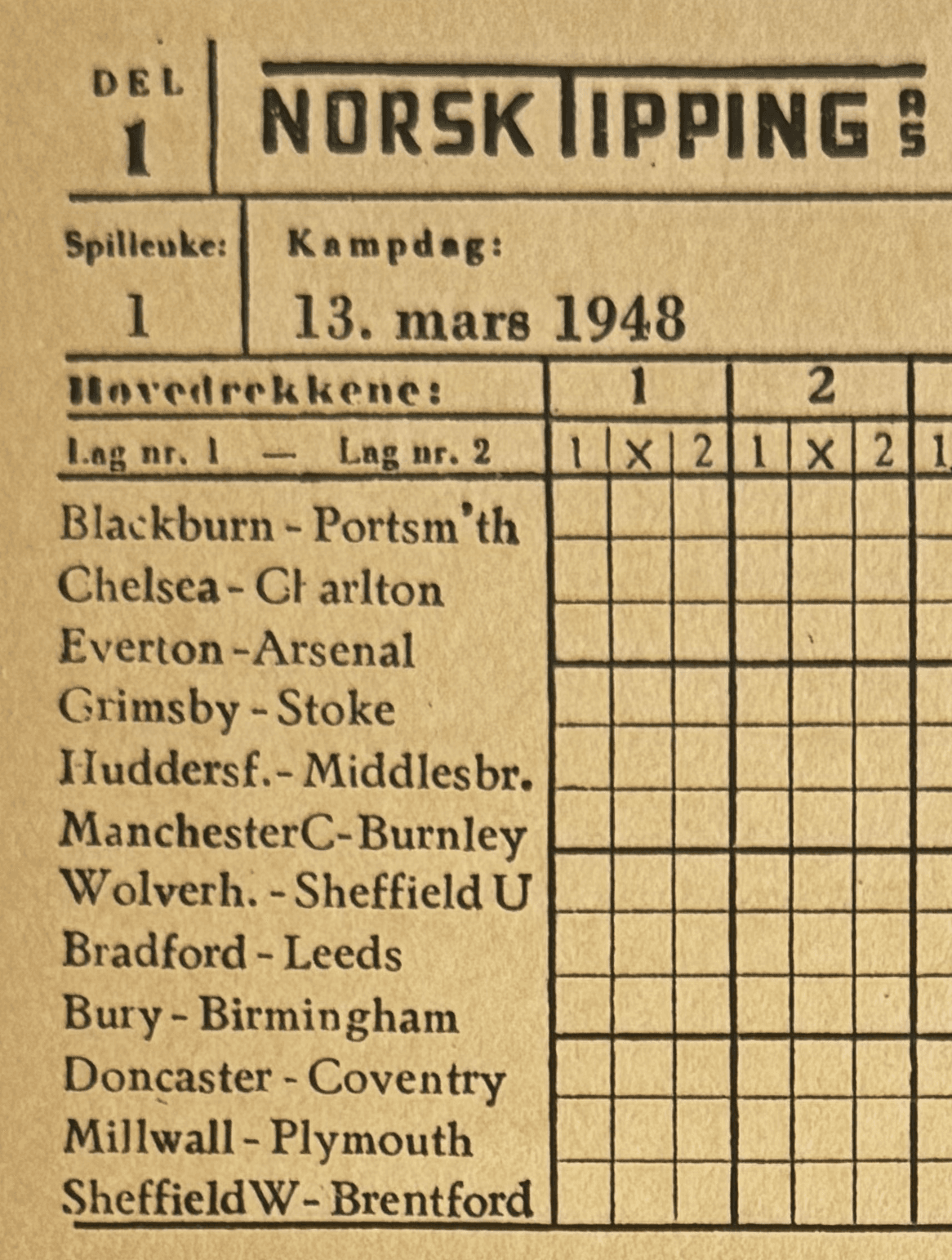 Den første tippekupongen fra 13. mars 1948